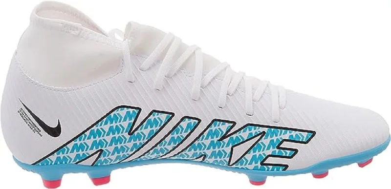 white nike soccer cleat with blue logo and pink studs